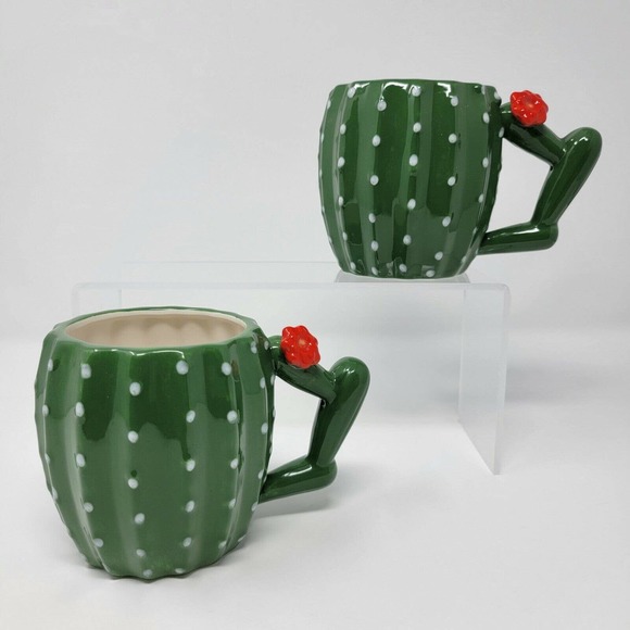 Cactus Ceramic Mugs Green White Red Flower Set of 2 - Picture 1 of 12